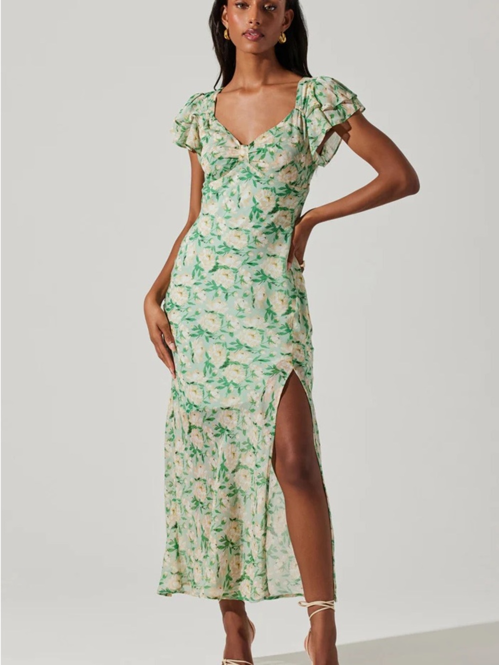 ASTR the Label Maisy Midi Dress Green Floral Cottagecore Slit Dress